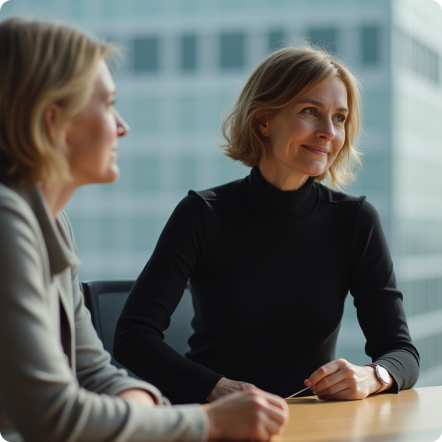 Two women sitting at a desk in an office 