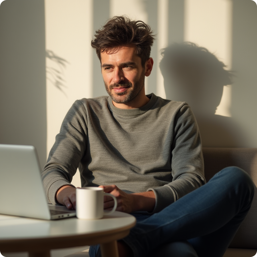 man looking hopeful with laptop man looking hopeful with laptop